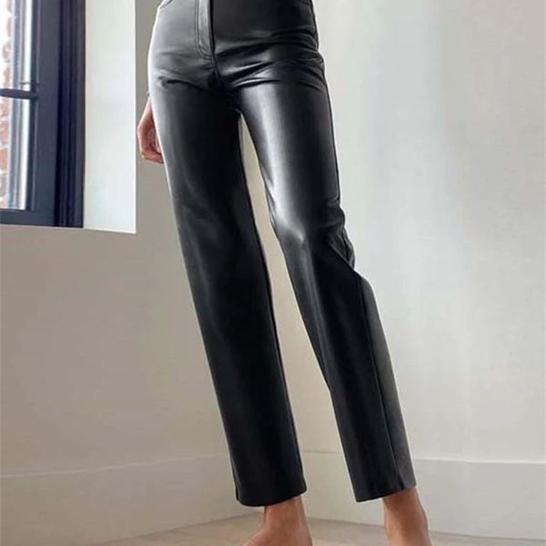 

faux leather straight leg pants high waist spring brown slacks for women bottoms vintage streetwear trousers 220325, Black;white