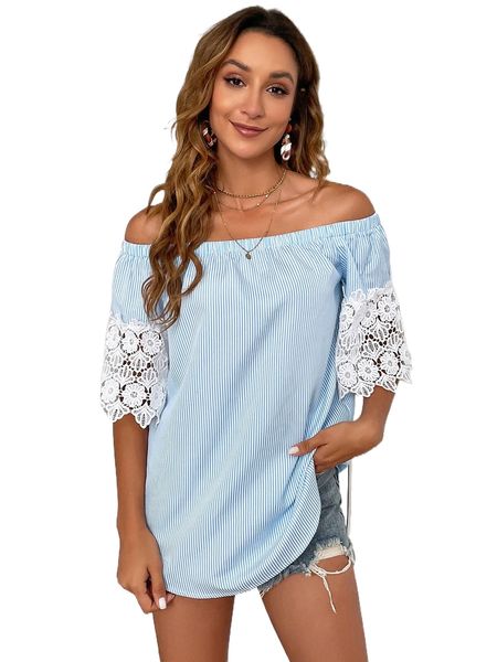 

vertical striped off shoulder guipure lace cuff blouse j63z#, White