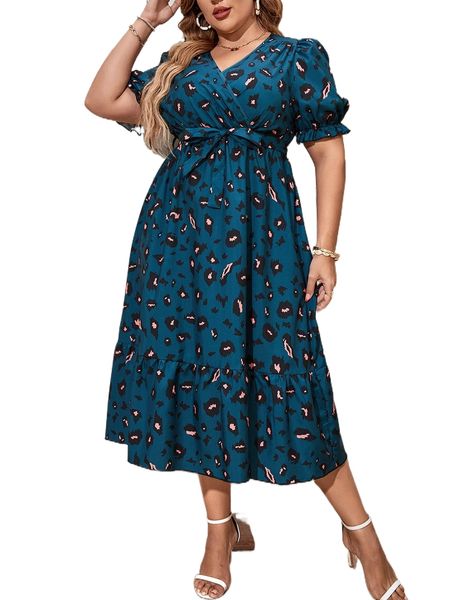 

plus allover print puff sleeve surplice neck belted dress a5x9#, Black