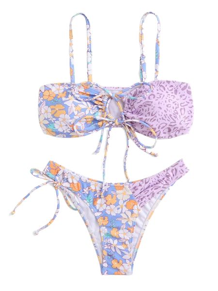 

floral print tie front bikini swimsuit e314#, White;black