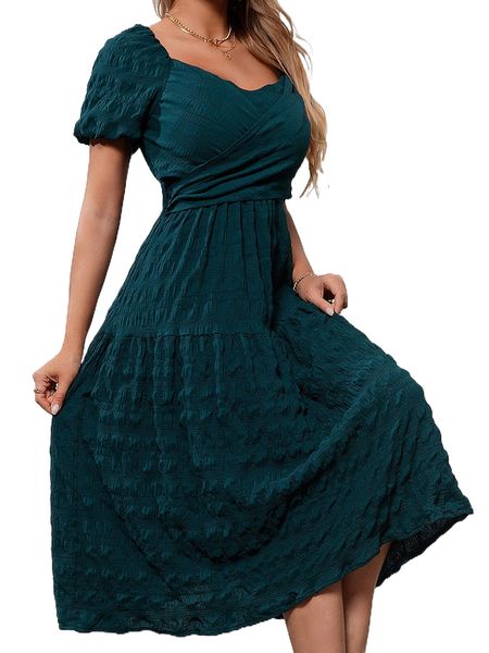 

sweetheart neck puff sleeve tie back dress 95s0#, Black;gray