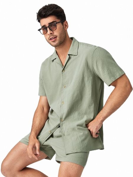 

men solid shirt and pocket front shorts set n00r#, Gray