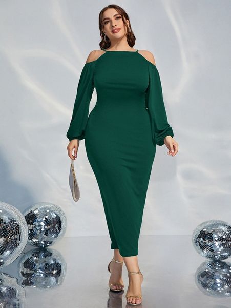 

plus cold shoulder lantern sleeve split back dress k3u7#, Black