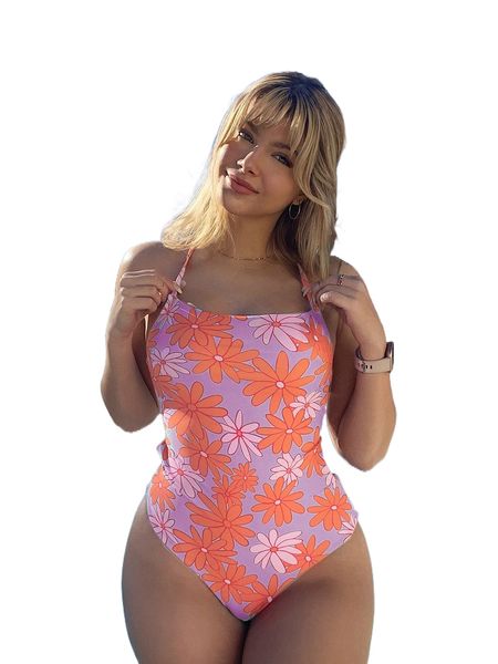

romwe x gabiciamp floral print criss cross tie back one piece swimsuit c9pc#, White;black