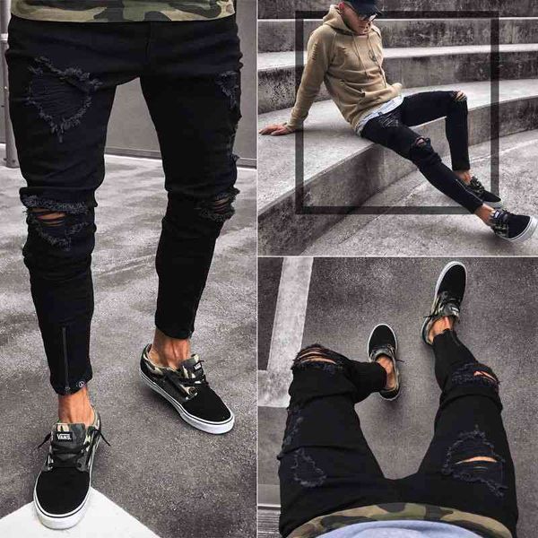 

men's jeans men's black hole elastic zipper leggings trend zup3, Blue