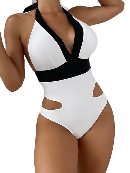 

two tone cut out tie back halter one piece swimsuit t0ej#, White;black