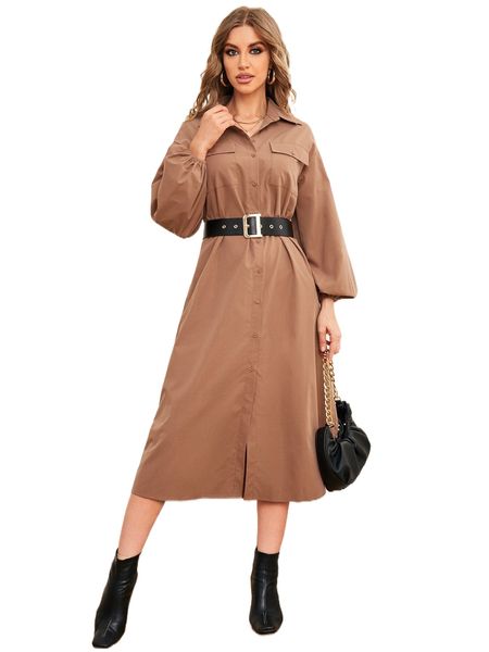 

lantern sleeve flap pocket shirt dress without belt 132r#, Black;gray