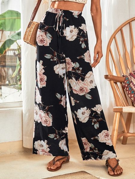 

floral print tie front wide leg pants m6tb#, Black;white