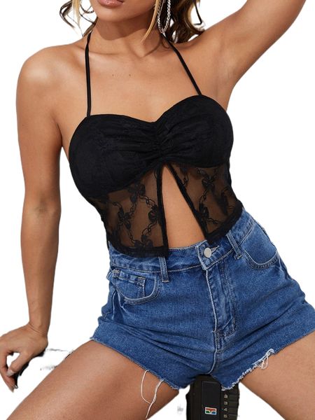 

ruched bust split hem open back lace halter n3lf#, White