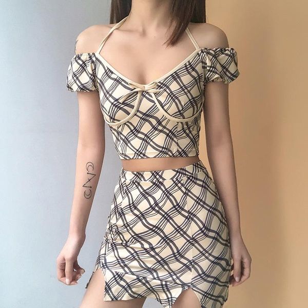 

work dresses 2022 summer fashion women's plaid slim halter two-piece dress, White;black