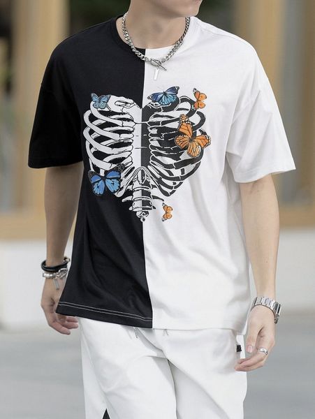 

men skeleton & butterfly print drop shoulder tee z8zu#, White;black