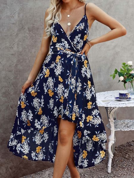 

floral print high low hem cami dress j63k#, Black;gray