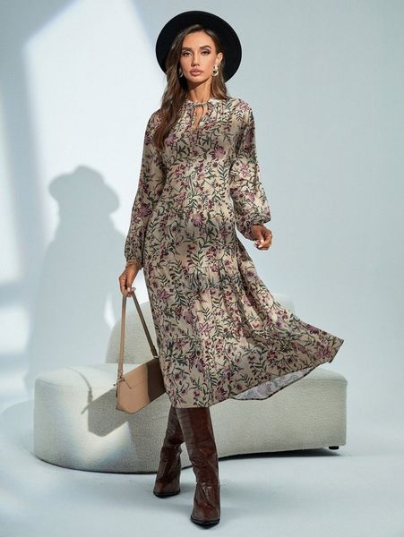 

allover floral print bishop sleeve tie neck smock dress 09bj#, Black;gray