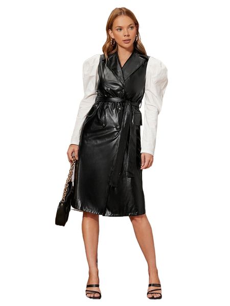 

double breasted sleeveless belted pu leather coat c9kq#, Black
