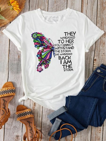 

butterfly and slogan graphic tee v9xl#, White