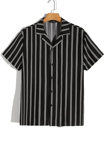 

men lapel neck striped shirt e14r#, White;black