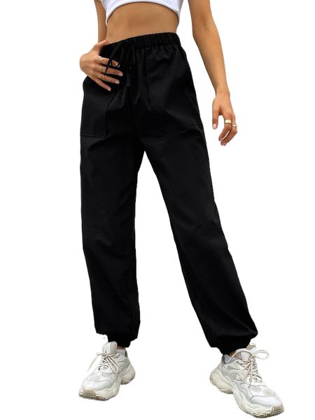

solid pocket patched carrot pants i79t#, Black;white