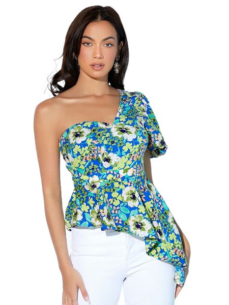 

floral print one shoulder peplum asymmetrical hem blouse g5ij#, White
