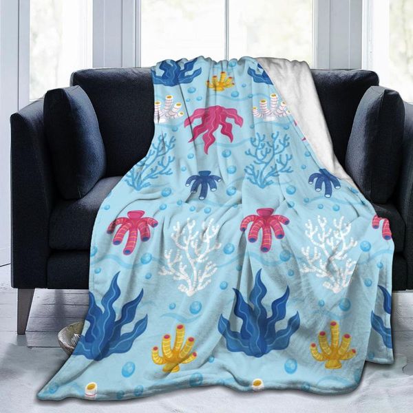 Coperte Coperta di flanella Sfondo blu corallo Leggero Lavaggio meccanico sottile Caldo morbido Tiro sul divano letto Coperte patchwork da viaggio