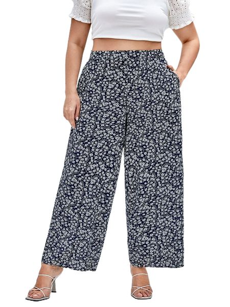 

plus high waist ditsy floral wide leg pants f0hz#, Black