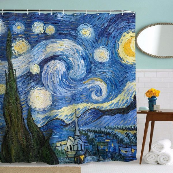 Sternennacht-Duschvorhang, bedruckt, Van Gogh, weltberühmte Gemälde, Polyester-Stoffdruck, SC003, Y200108