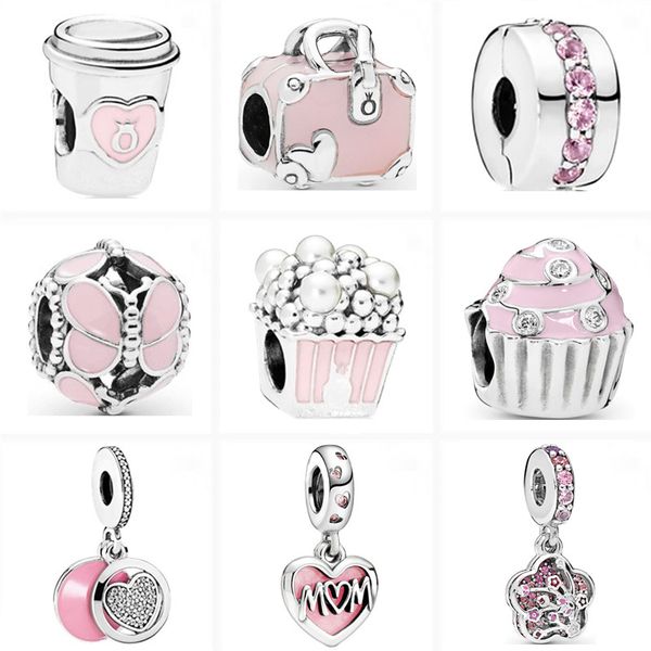 Neue beliebte 925 Sterling Silber Europäischen Rosa Stil Schmetterling Blume Tasse Koffer Süße Charm Clip Perlen für Original Pandora Silber Armband DIY frauen Schmuck