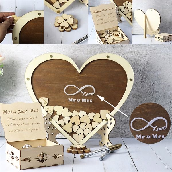 Персонализированные сердца украшения деревенская сладкая свадьба пользовательские идеи гостевой книги 3d гостевая книга деревянная коробка D220618