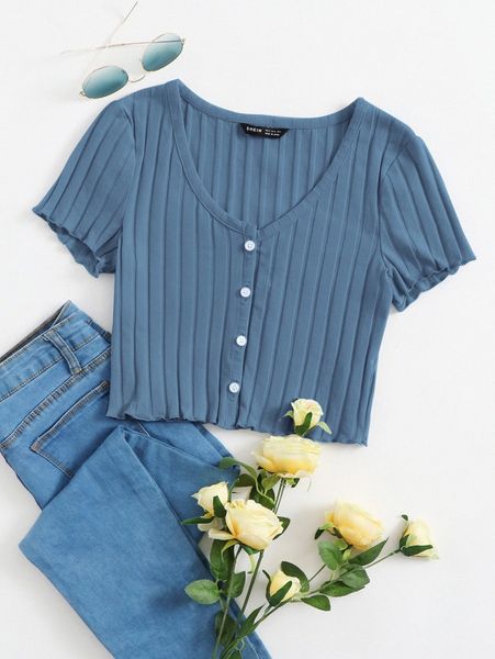

button up rib-knit crop d25s#, White