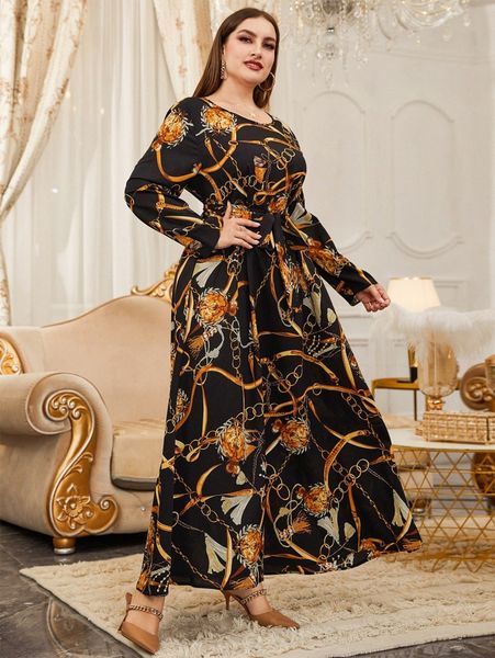 

plus chain print belted dress r8cb#, Black