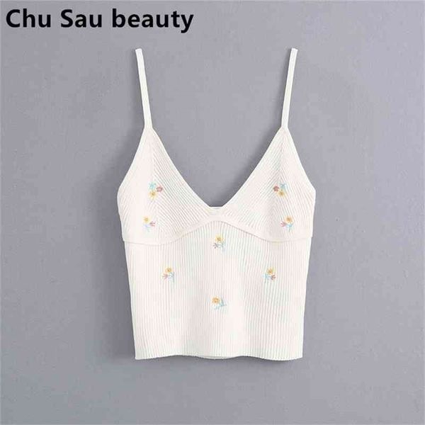 

woman summer white v-neck embroidery knit short crop camisole sleeveless bottoming vest 210401