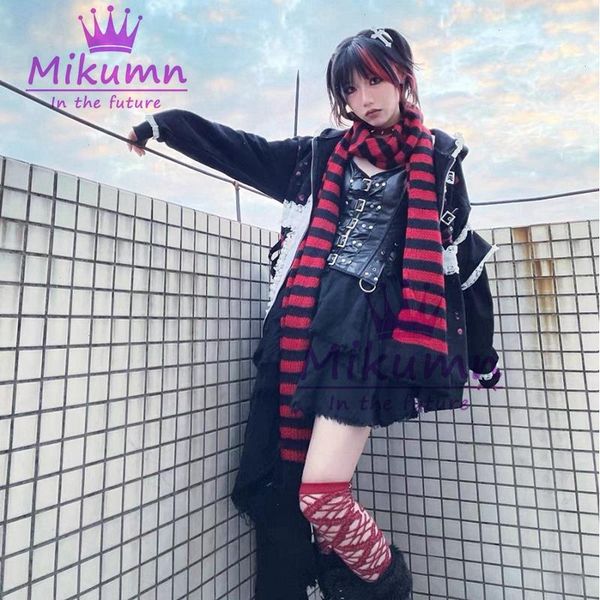 

harajuku punk fashion grey red black striped scarf women girl winter warm knitted scarves streetwear, Blue;gray