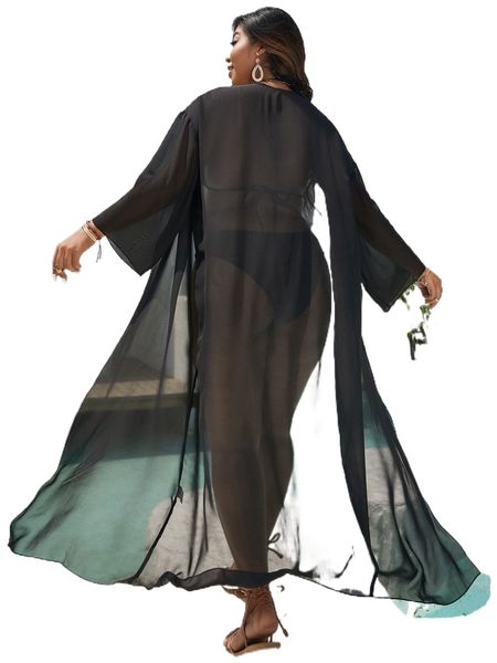 

plus drop shoulder sheer mesh kimono w27t#, Black;gray
