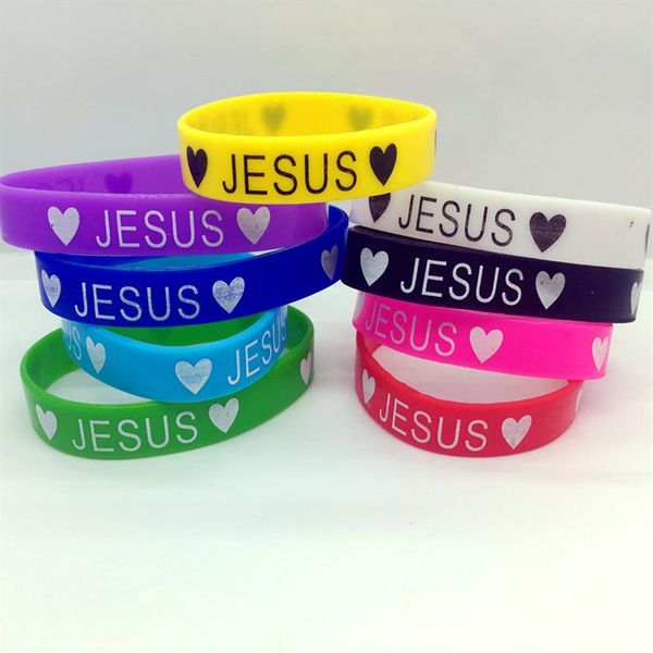 

jesus heart silicone bracelet 100pcs lot mens womens silicone wristband elastic bracelet friendship cuff 9 colors party gift jewel201k, Black