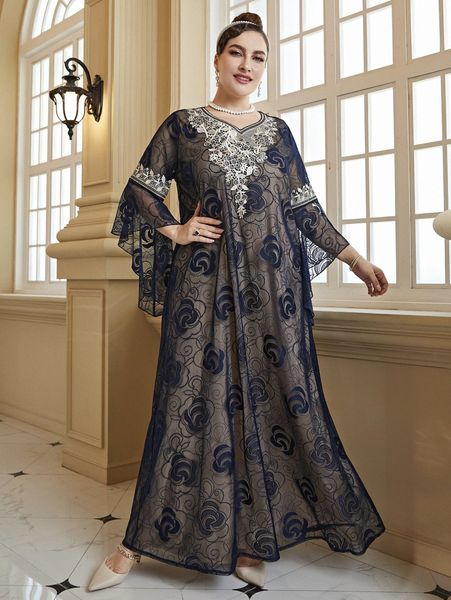 

plus random embroidery flounce sleeve lace maxi dress v2gf#, Black