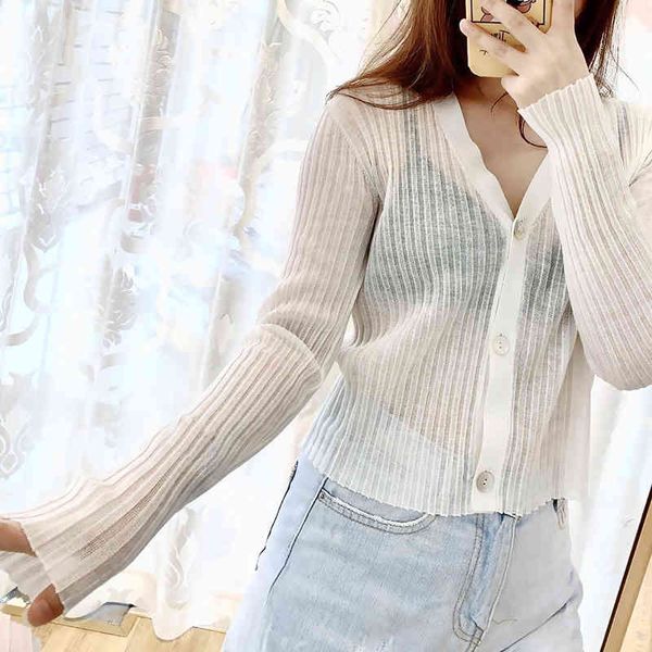 

women's polos v-neck transparent thin short style perspective looming solid color exposed navel sunscreen long sleeve coat women's, White