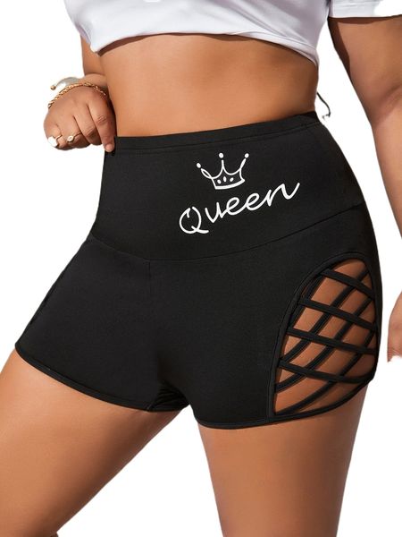 

sxy plus letter & crown print criss cross shorts f7x1#, Black