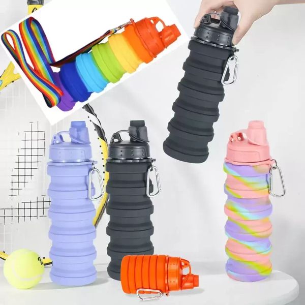 Bottiglie d'acqua pieghevoli in silicone arcobaleno da 16 once da 500 ml Borraccia portatile telescopica creativa per esterni Tazza sportiva a tenuta stagna con cinturino