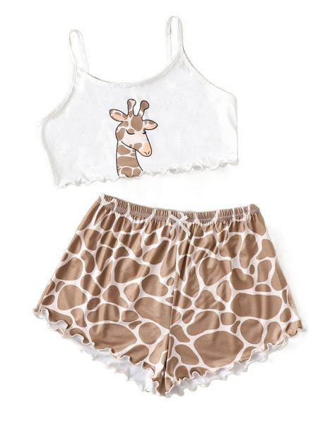 

giraffe print lettuce trim bow front pj set d03z#, Black;red
