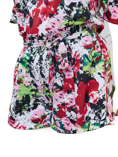 

plus floral print paperbag waist belted shorts y31i#, Black