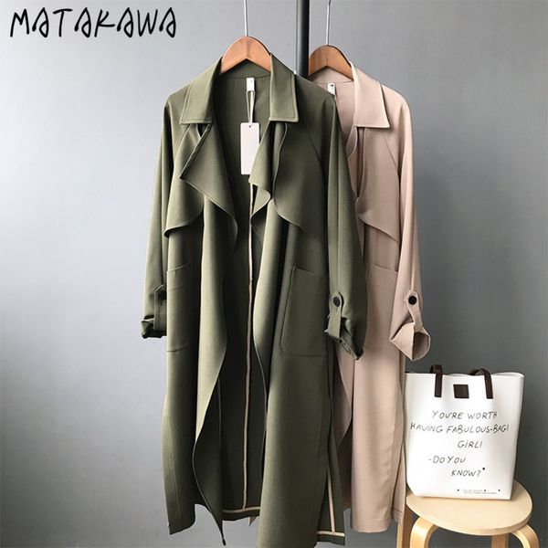 

korean coats women lapel windbreaker jacket s long trench coat for fashion overtheknee casual 210506, Tan;black