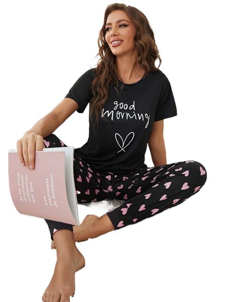 

drop shoulder heart & slogan pattern tee & pants pj set d6yh#, Black;red