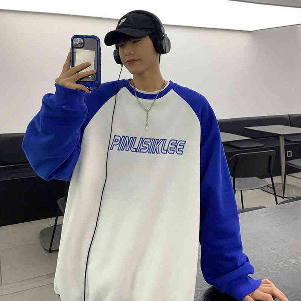 

o-neck sweatshirts stitching contrast color casual sports loose letter pullover fashion oversize spring autumn men's clothes t220726, Black