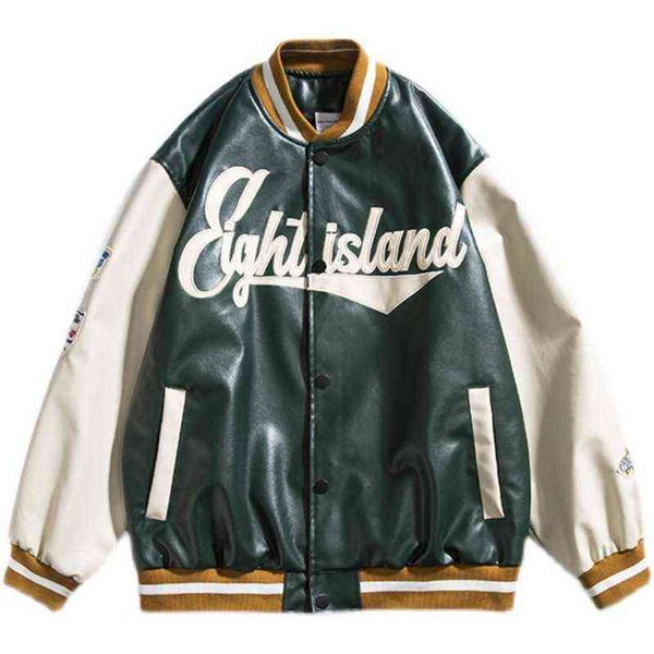 Giacca da baseball da uomo in pelle PU Lettera Giacca bomber con ricamo foglia d'acero 2021 Cappotto oversize stile fidanzato da donna primaverile T220728