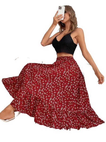 

allover floral print ruffle hem skirt u5rp#, Black