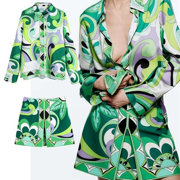 

tfmln summer women 2pcs print blousesskirts set turn down collar long sleeve high waist dress girl outfits 220602, Gray