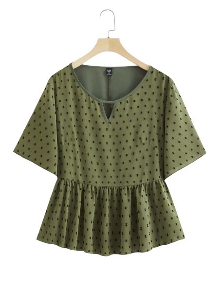 

plus swiss dot keyhole neckline peplum blouse 87n0#, Black