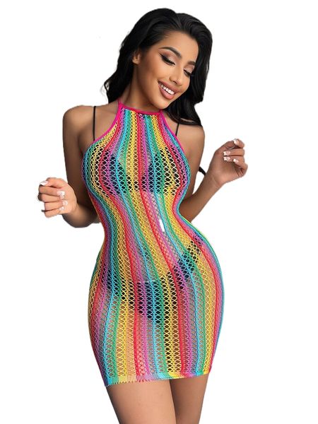 

rainbow striped hollow out halter bodycon dress without liner c6rj#, Black;red
