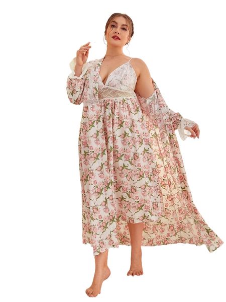 

plus floral print contrast lace flounce sleeve sleep robe & cami nightdress 18kv#, Black;white
