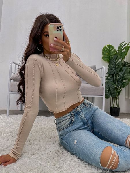 

mock neck lettuce trim crop sweater x8i6#, White;black