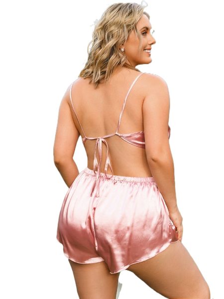 

plus draped detail tie backless satin pj set f615#, Black;white